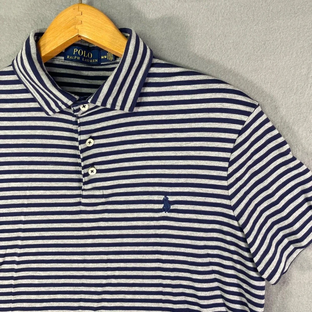 Polo Ralph Lauren Mens Polo Shirt Medium Blue Gray Striped Cotton Classic Casual